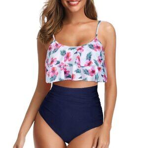 Bikini Set High Waist Bottom Ruffle Floral Tankini Top Swimsuit Large NWT #1929